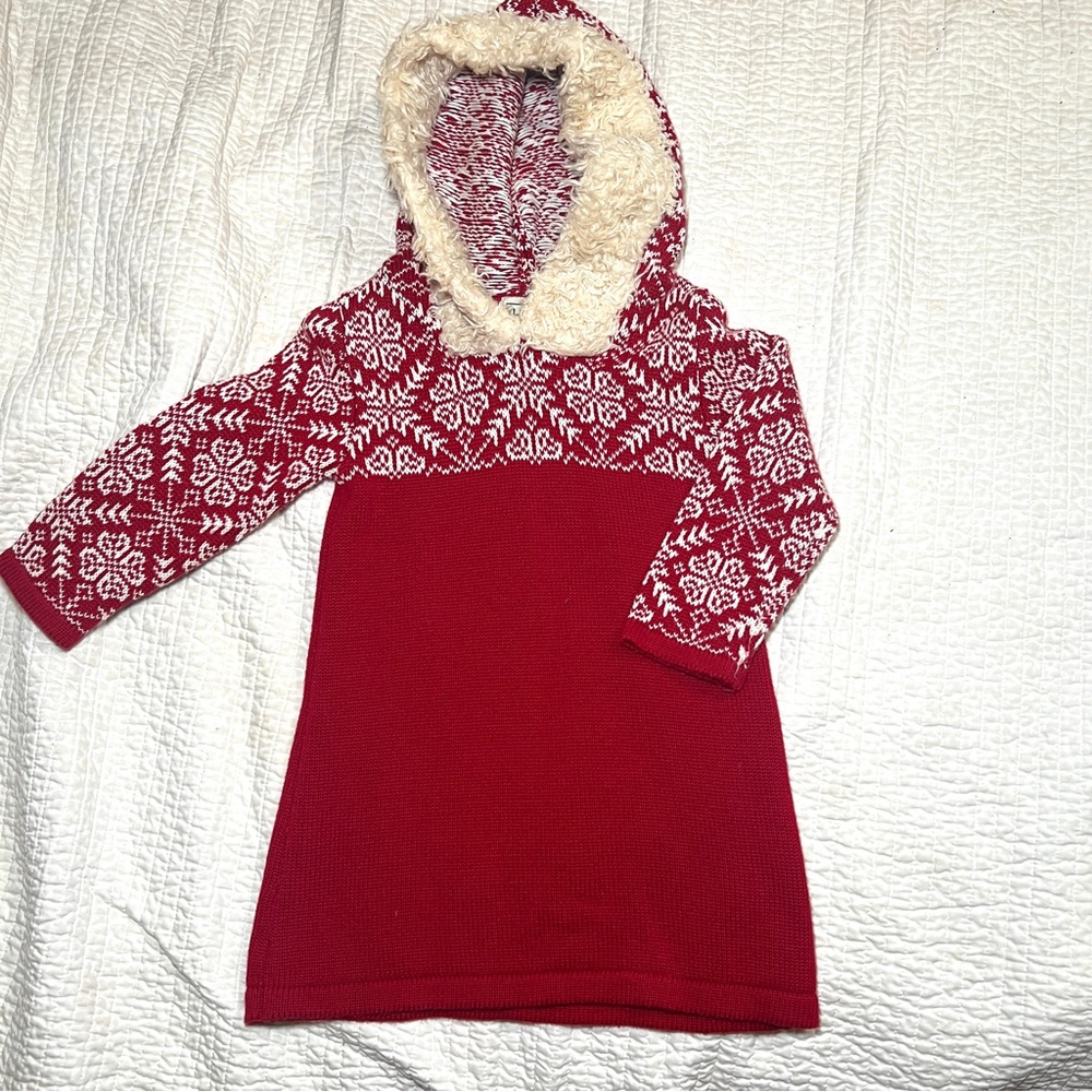 L.L. BEAN Little Girls red sweater dress. Sherpa-edge hood. Size 12-18 months